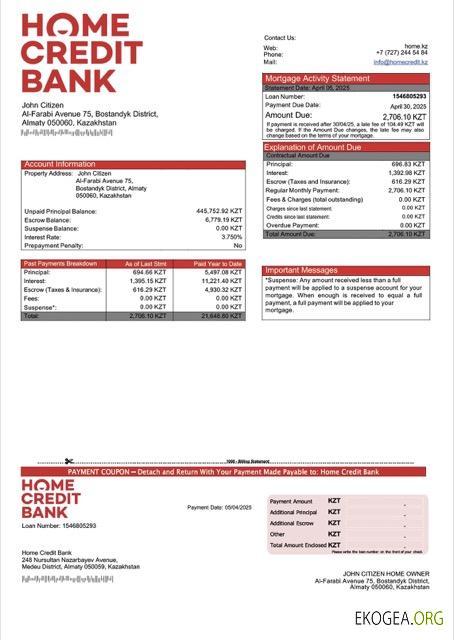 Kazakhstan Home Credit Bank Kazakhstan prêt hypothécaire Modèle Word et PDF